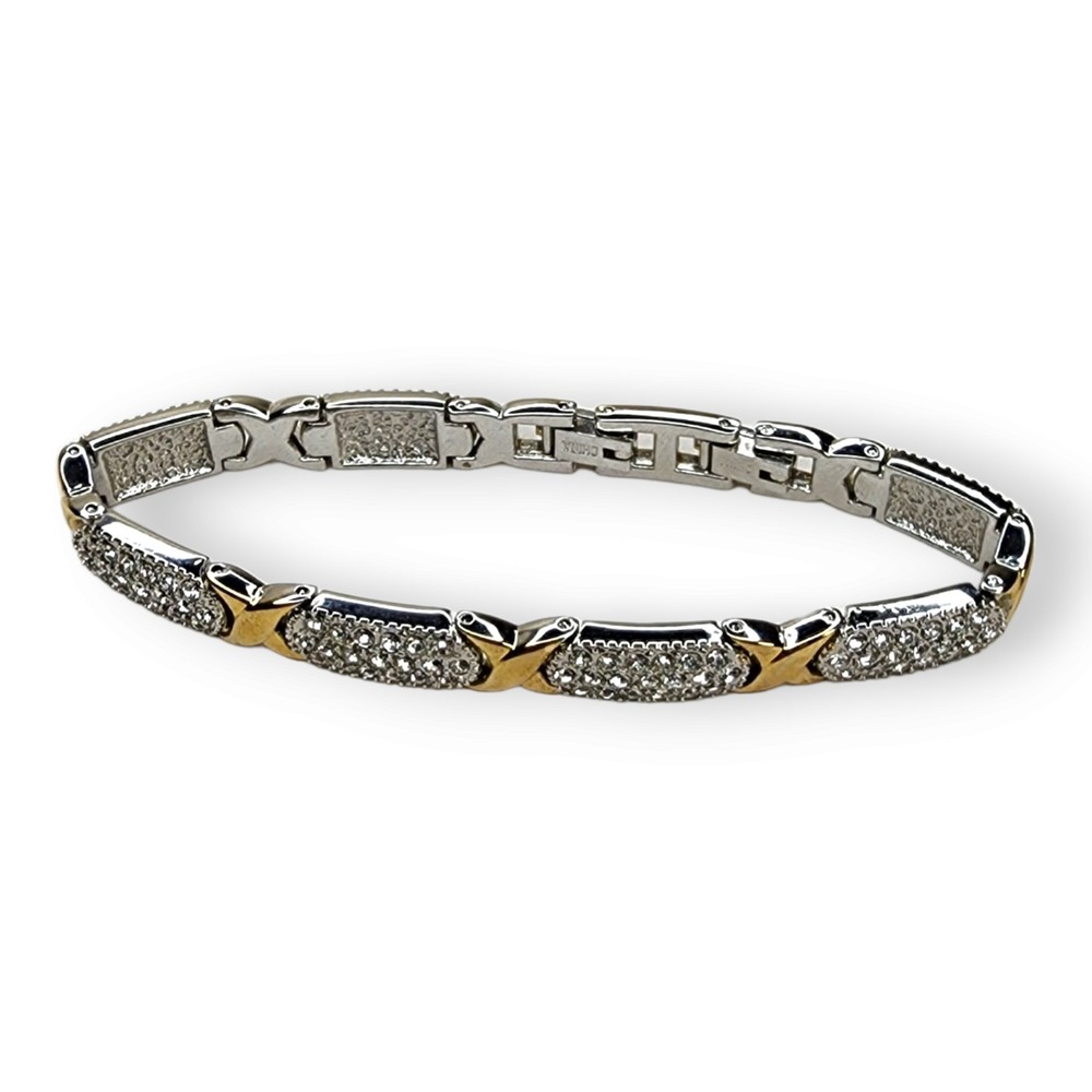 Vintage Silver and Gold Clear Rhinestone Tennis Bracelet 7" with Extender‎